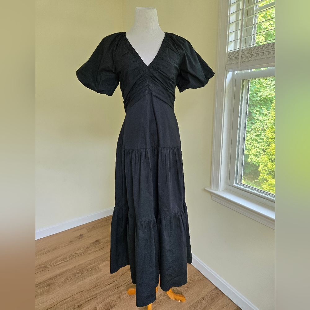Club Monaco Smocked Tiered Maxi Dress – Black, Puff Sleeve, Size 4